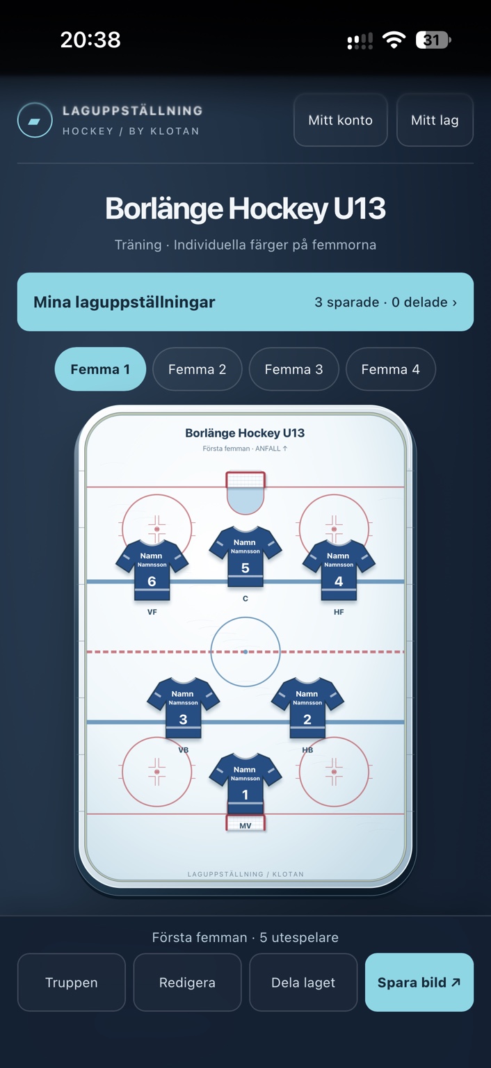Laguppställning på mobil: femmor, grafisk hockeyrink och knappar för att redigera, dela och spara bild