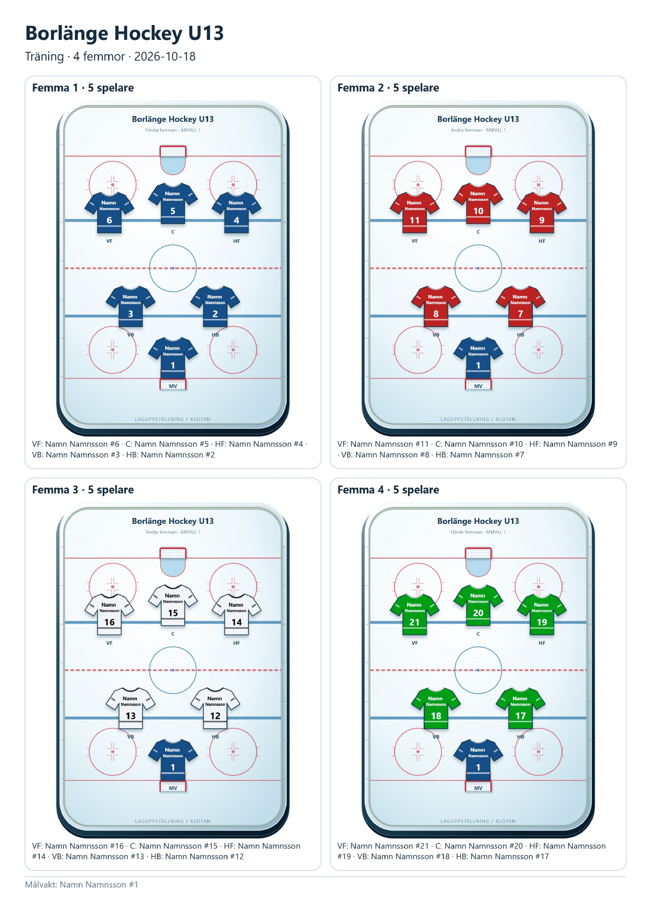 PDF-exempel med fyra grafiska hockeyfemmor: blå, röda, vita och gröna tröjor